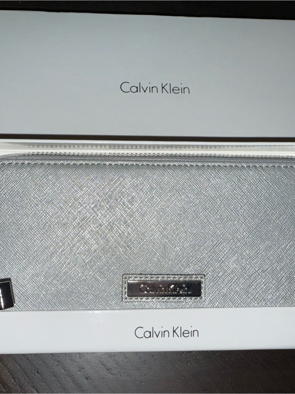Calvin Klein Silver Metallic Saffiano Zip Around Continental Wallet Boxed